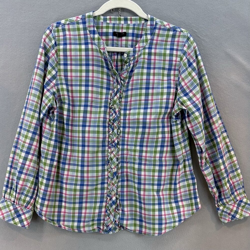 Talbots Women's LINEN BLEND Size‎ Large Petite Rainbow Ruffle Blouse Shirt Top